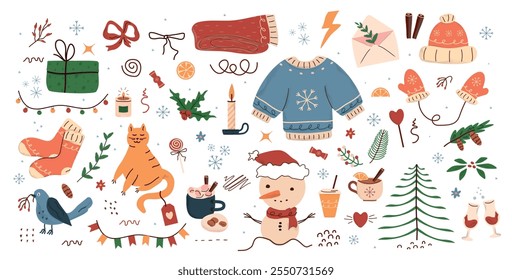 Patrón de invierno, ilustración linda. árbol, estrellas, puntos, nieve, diseño simple. garabatos dibujados a mano están aislados sobre un fondo blanco. Un concepto de tendencia para la impresión, Anuncios, redes sociales, carteles. Vector