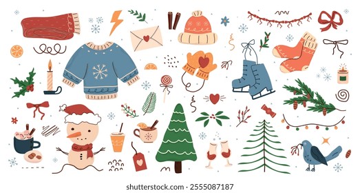 winter pattern, cute illustration.  tree, stars, dots, snow, simple  design. hand drawn doodles are isolated on a white background. A trend concept for print, banners, social networks, posters. vector