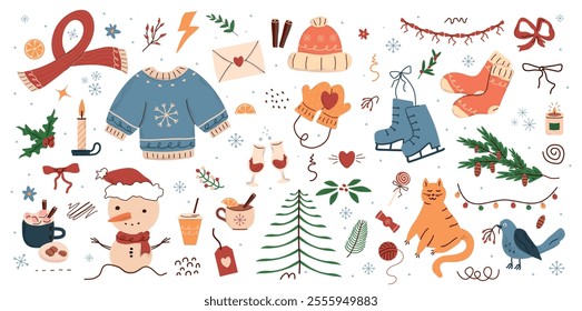 winter pattern, cute illustration.  tree, stars, dots, snow, simple  design. hand drawn doodles are isolated on a white background. A trend concept for print, banners, social networks, posters. vector