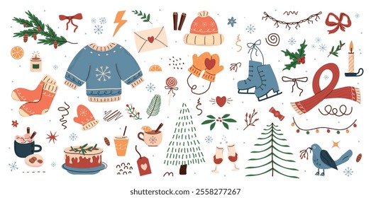 winter pattern, cute illustration.  tree, stars, dots, snow, simple  design. hand drawn doodles are isolated on a white background. A trend concept for print, banners, social networks, posters. vector