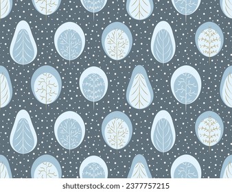 Winter pattern with cute trees in snow, christmas background.