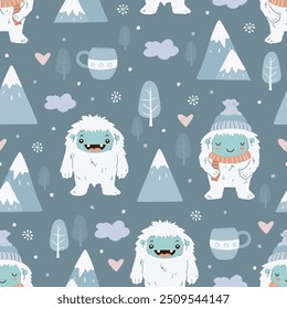 Patrón de invierno con yeti lindo. Colección de impresión de Vector nórdico de repetición sin costuras para textiles para niños.