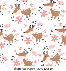 Winter pattern with deer and flowers on a white background. Cute vector illustration for children