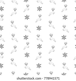 Winter Pattern with Deer and Snowflakes on White Background for Christmas or New Year Decoration or for Paper. Vector Illustration