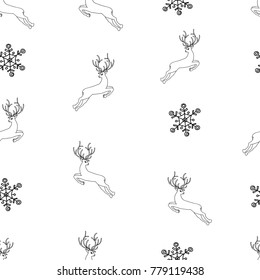 Winter Pattern with Deer and Snowflakes on White Background for Christmas or New Year Decoration or for Paper. Vector Illustration