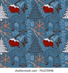 Winter pattern design. Deer in snowy forest. Vector illustration.