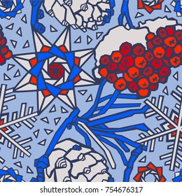 Winter pattern design, red berries and snowflakes. Vector illustration.