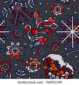 Winter pattern design,  snowy berries, illustration.