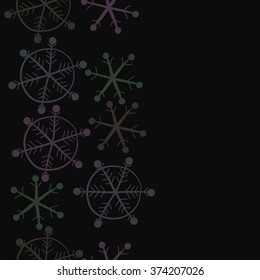 Winter pattern, doodles, ellipses,objects,snowflakes, seamless, vertical, copy space. Hand drawn.