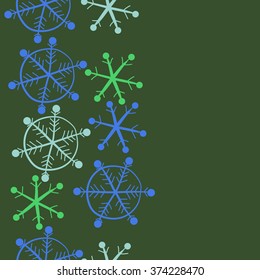 Winter pattern, doodles, ellipses,objects,snowflakes, seamless, vertical, copy space. Hand drawn.