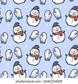 Padrão de inverno com bonecos de neve pixelados e luvas em um fundo azul claro com flocos de neve