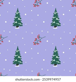 Padrão de inverno com árvores cobertas de neve e bagas vermelhas em um fundo roxo