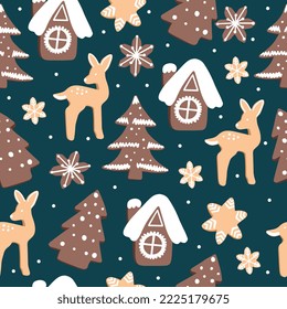 Winter pattern of gingerbread cookies. Christmas print