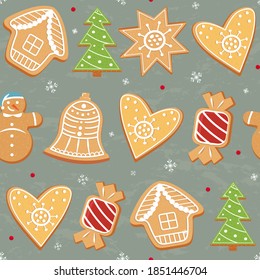Winter pattern with gingerbread cookies. Holiday Vector Background. Christmas and New Year illustration for wallpapers, fabrics, wrapping paper.