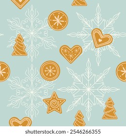 padrão de inverno com pão de gengibre e flocos de neve. fundo de Natal festivo bonito.