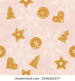 winter pattern with gingerbread and snowflakes. cute festive Christmas background.