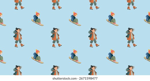 Esquí de la muchacha del patrón del invierno en fondo azul claro