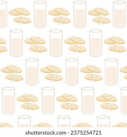 Winter pattern with glass of milk and cookies. Seamless cute vector pattern