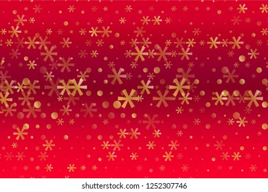 Winter pattern with Golden stars and snowflakes on red blurred background. Scalable vector graphic