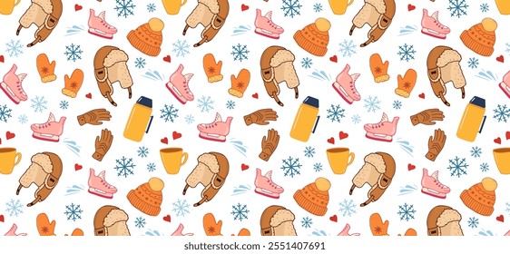 Winter pattern hand drawing. Winter clothing, items for winter sports and recreation. Seamless background for winter mood, Merry Christmas and happy New Year. Colorful cute vector print.