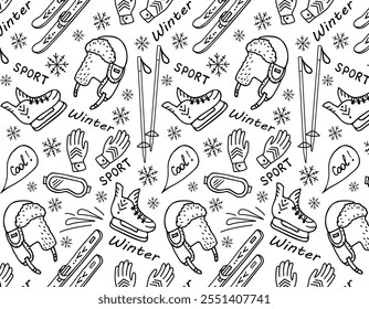 Winter pattern hand drawing. Winter clothing, items for winter sports and recreation. Seamless background for winter mood, Merry Christmas and happy New Year. Black and white print.