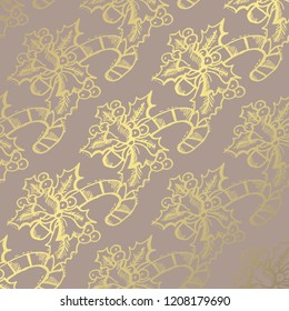 Winter pattern with hand drawn golden holly berries and candies, design elements. Can be used for holiday invitations, greeting cards, scrapbooking, print, gift wrap, manufacturing