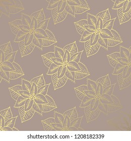 Winter pattern with hand drawn golden poinsettia flowers, design elements. Can be used for holiday invitations, greeting cards, scrapbooking, print, gift wrap, manufacturing
