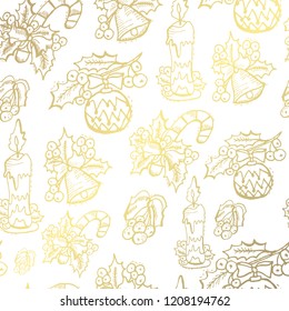 Winter pattern with hand drawn golden holly berries, candies and balls, design elements. Can be used for holiday invitations, greeting cards, scrapbooking, print, gift wrap, manufacturing