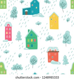 Winter pattern from hand drawn houses  and trees on  white winter background. Vector illustration.