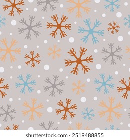 Winter pattern with hand drawn snowflakes in pastel colors. Vector.