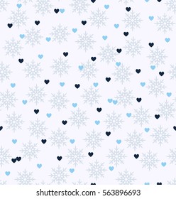Winter pattern with hearts and snowflakes. Seamless vector background
