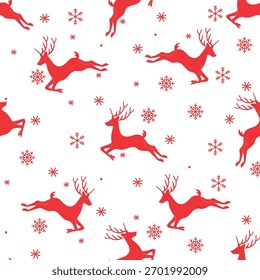 Padrão de inverno. Padrão De Temporada De Feriado. Design de padrão contínuo, renas vermelhas, estrelas e flocos de neve. Feliz ano novo, Natal, férias de inverno, queda de neve, no fundo branco.