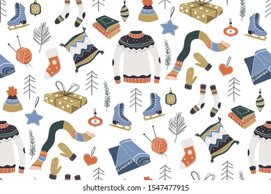 Winter pattern. Winter holidays merry christmas and happy new year! Scandinavian style. Vector illustration.  Can be printed and used as wrapping paper, wallpaper, textile, fabric.