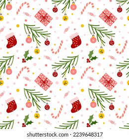 Winter pattern with holly berries, socks, Christmas tree branches, candy canes. Seamless vector background drawn in flat style for textile, wrapping paper, scrapbooking design