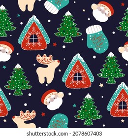Winter pattern with a house, a Christmas tree, a deer, a mitten, Santa Claus