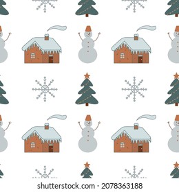 Patrón invernal. Casa, muñeco de nieve, árbol de Navidad.
