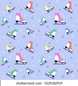 Winter pattern with ice skates and snowflakes. Vector flat illustration.  blue gamma. winter fun. Leisure. 