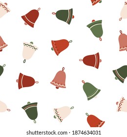 Winter pattern with jingle bells for decorative design. Festive seamless background for Christmas holidays. Wallpaper, wrapping paper and textile. Vector backdrop