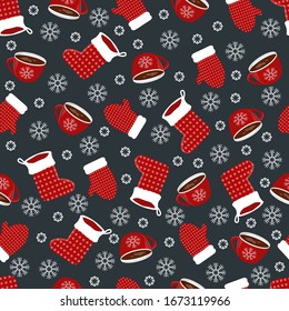 Winter pattern with knitted socks, mittens, coffee cups and snowflakes. Winter mood. Design for seasonal textile, prints, scrapbook, greeting card, wrapping paper.