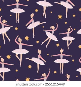 Winter pattern with little ballerinas and stars on violet background. Endless vector texture. Print for women's and kids wear, home textile, greeting, wrapping paper