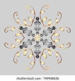 Winter pattern made of snowflake on gray, yellow and brown colors. Vector illustration. Winter concept. Flat lay.