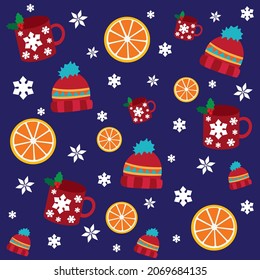 Winter pattern for new year and Christmas. Vector illustration with snacks, cups, oranges, snowflakes and snow on the dark background