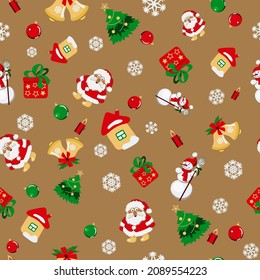 Patrón invernal con atributos de Año Nuevo y Navidad. Patrón vectorial sin fisuras con la imagen de las imágenes navideñas. Papá Noel, árbol de Navidad, velas, campanas y otros.