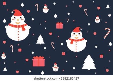 Winter pattern. Pattern for New Year and Christmas with snowman, gifts, candy canes and Christmas trees. Vector illustration