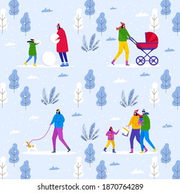 Winter pattern, parents walk in park with children and have fun outdoor. People make snowman and in the forest. Vector template for textile, print,  flyer design, postcard, holiday background