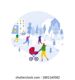Winter pattern, parents walk in park with children and have fun outdoor. People make snowman and in the forest. Vector template for textile, print,  flyer design, postcard, holiday background