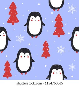 Winter pattern with penguins. Hand drawn Christmas background. Happy New Year.