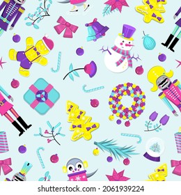 Winter pattern with penguins, snowmen and christmas attributes. flat vector illustration.
