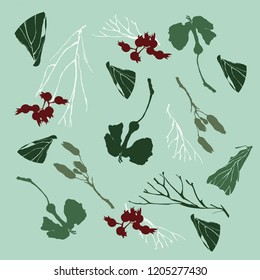 Winter pattern with plants, leaves, flowers.