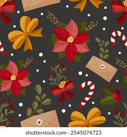 Patrón de invierno con flor de Pascua, bastón de caramelo, arco, ramas. Diseño de Vector para papel de embalaje, textil, Anuncio, tarjetas de felicitación
